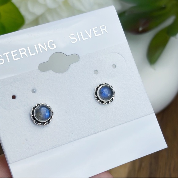 Dark Blue Flash Labradorite Stud Earrings Southwest Pure Sterling Silver 925 - Picture 4 of 10
